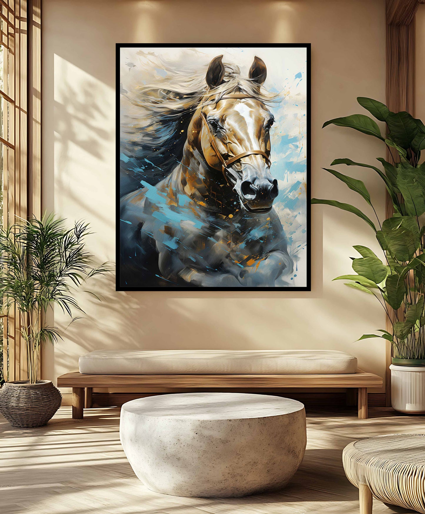 Dynamic Elegance: Golden and Blue Abstract Horse Canvas Painting
