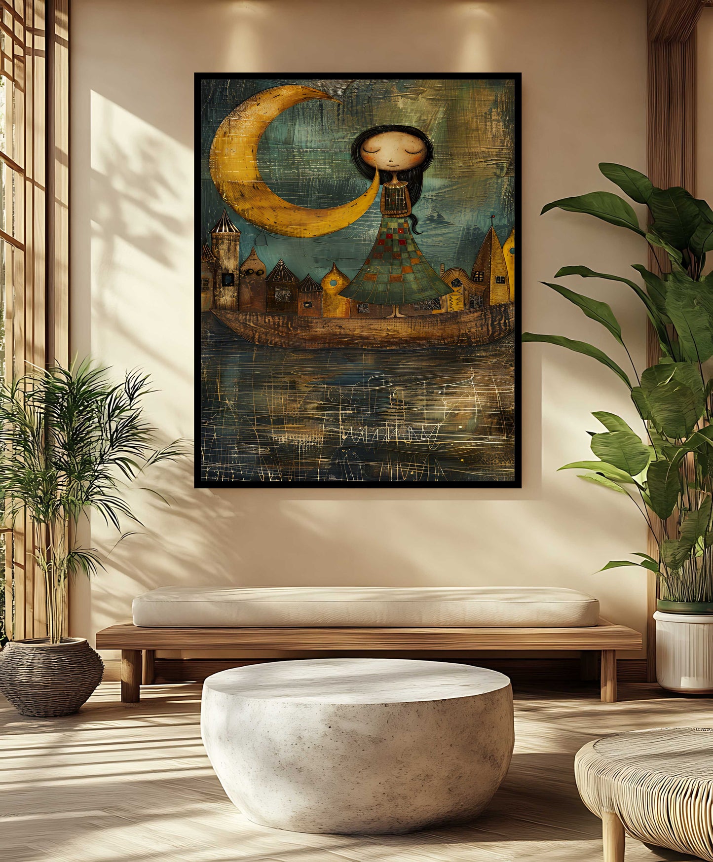 Whimsical Moon Maiden & Floating Town - Folk Art Canvas Painting