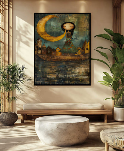 Whimsical Moon Maiden & Floating Town - Folk Art Canvas Painting