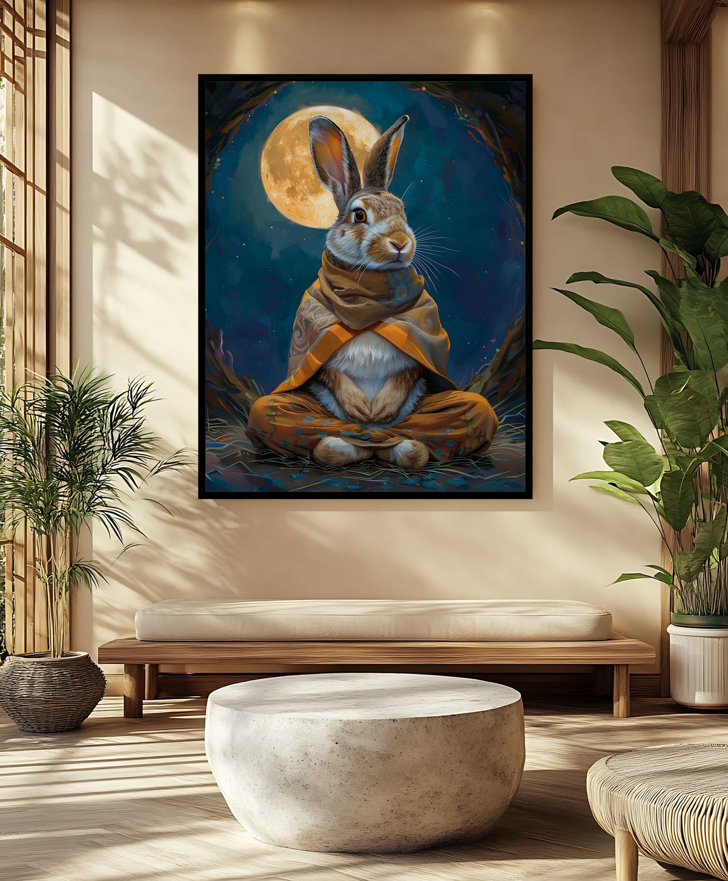 Meditating Hare Under Full Moon – Fantasy Animal Canvas Print