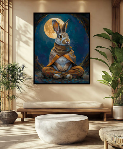 Meditating Hare Under Full Moon – Fantasy Animal Canvas Print