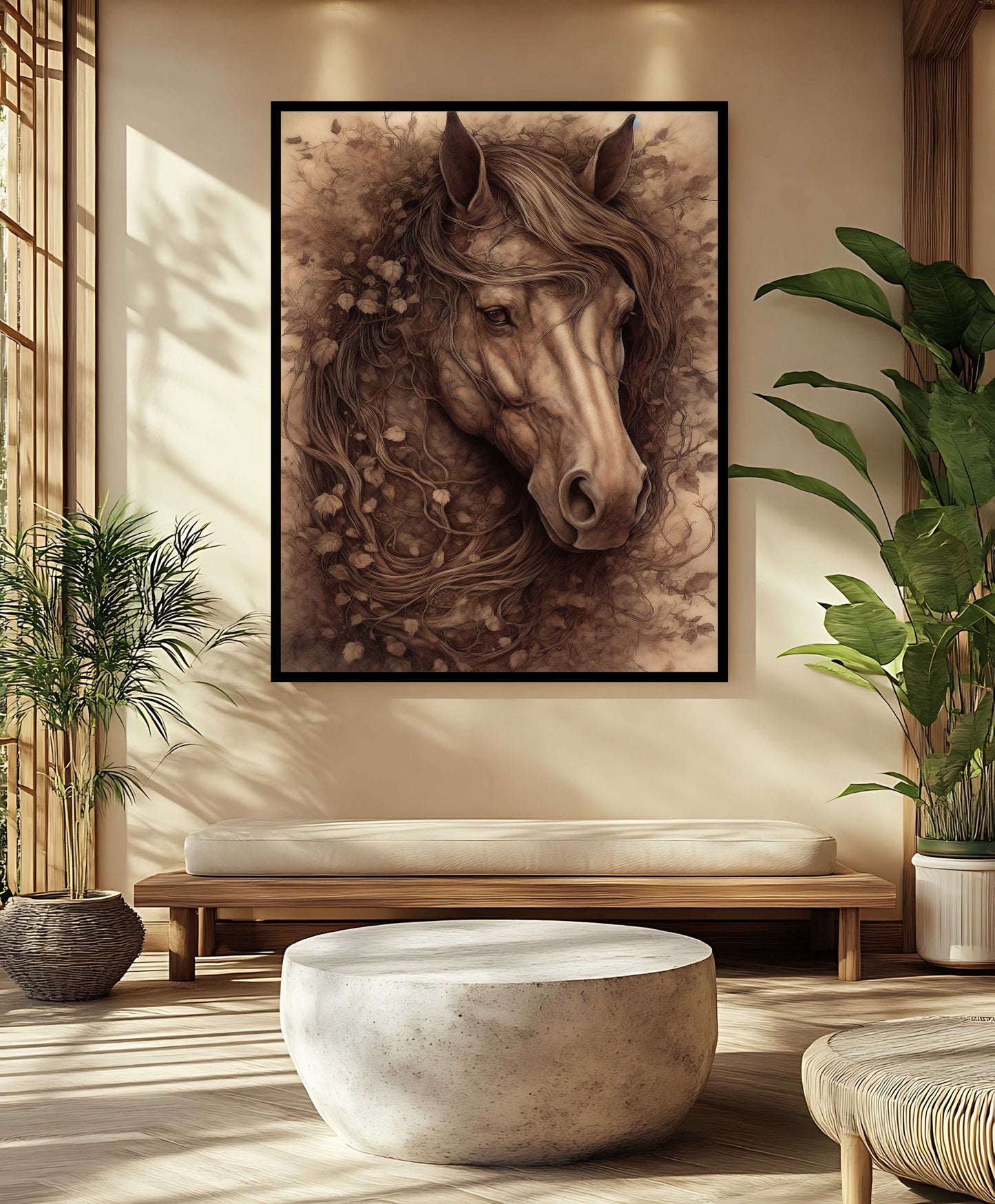 "Forest Spirit" – Rustic Sepia Horse with Botanical Mane Canvas Wall Art