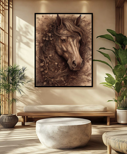 "Forest Spirit" – Rustic Sepia Horse with Botanical Mane Canvas Wall Art