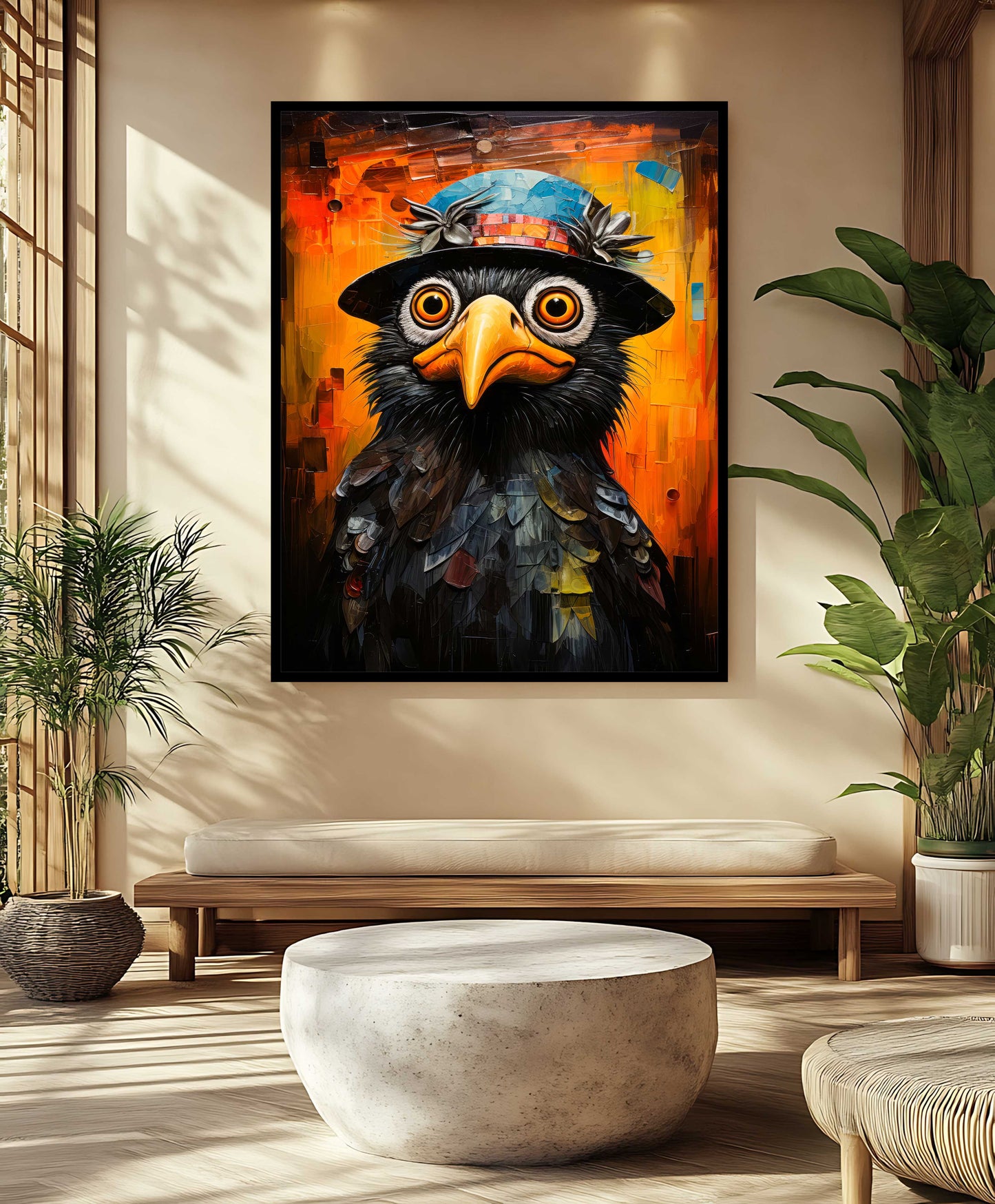 Whimsical Crow in Mosaic Top Hat – Vibrant Canvas Wall Art