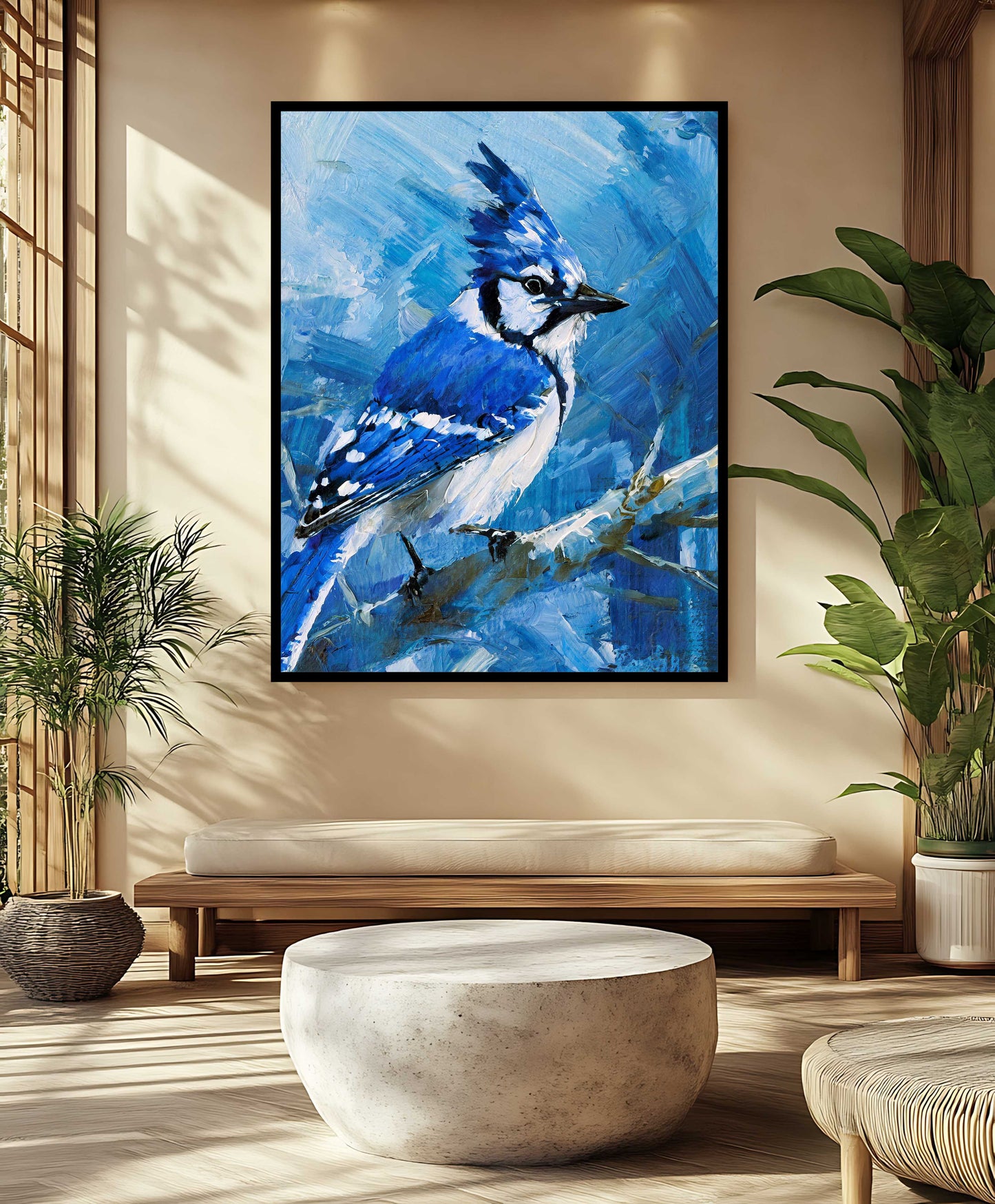 Impasto Blue Jay on a Winter Branch - Textured Canvas Painting