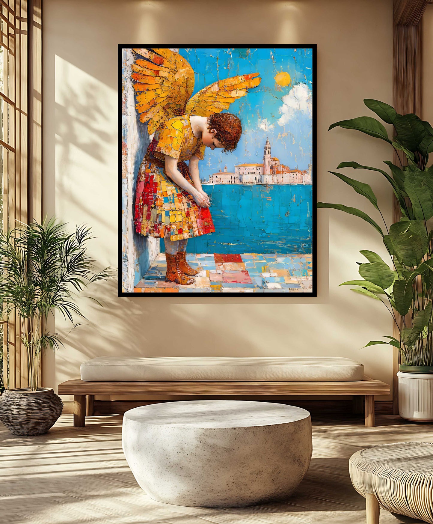 "The Contemplative Angel" - Heavily Textured Golden Wings Canvas Painting