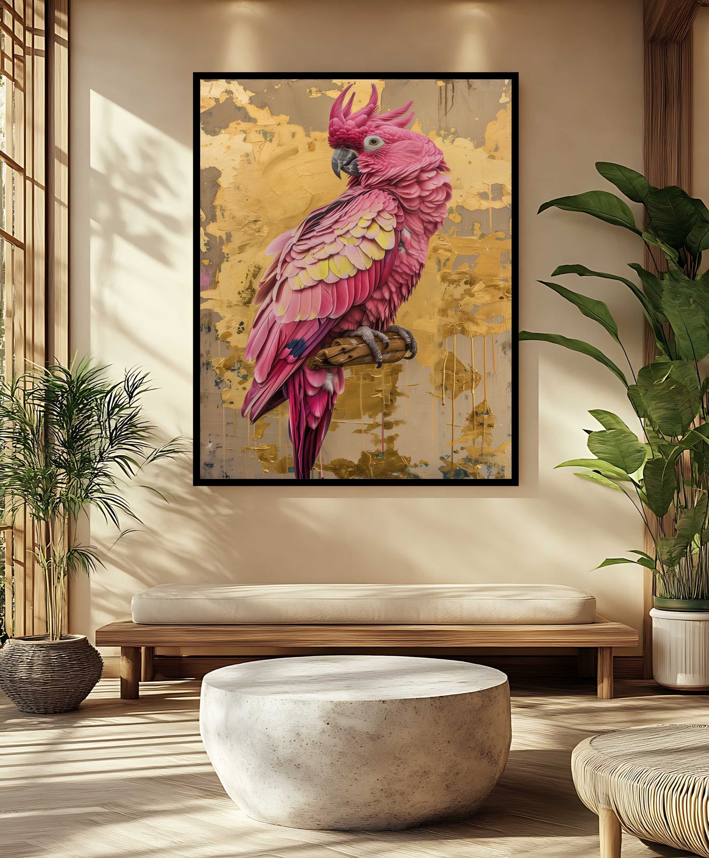 "The Gilded Galah" – Textured Pink Cockatoo & Abstract Gold Leaf Canvas Painting
