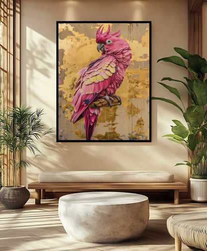 "The Gilded Galah" – Textured Pink Cockatoo & Abstract Gold Leaf Canvas Painting