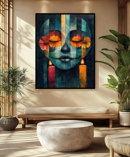 Mystic Calavera: Abstract Día de los Muertos Canvas Painting with Marigolds & Candles