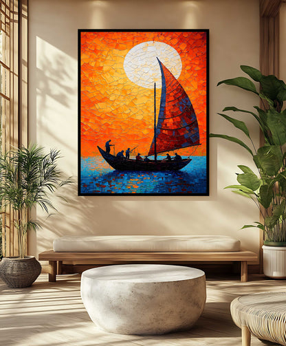 Fiery Sunset Sailboat – Textured Impasto Palette Knife Oil Painting on Canvas