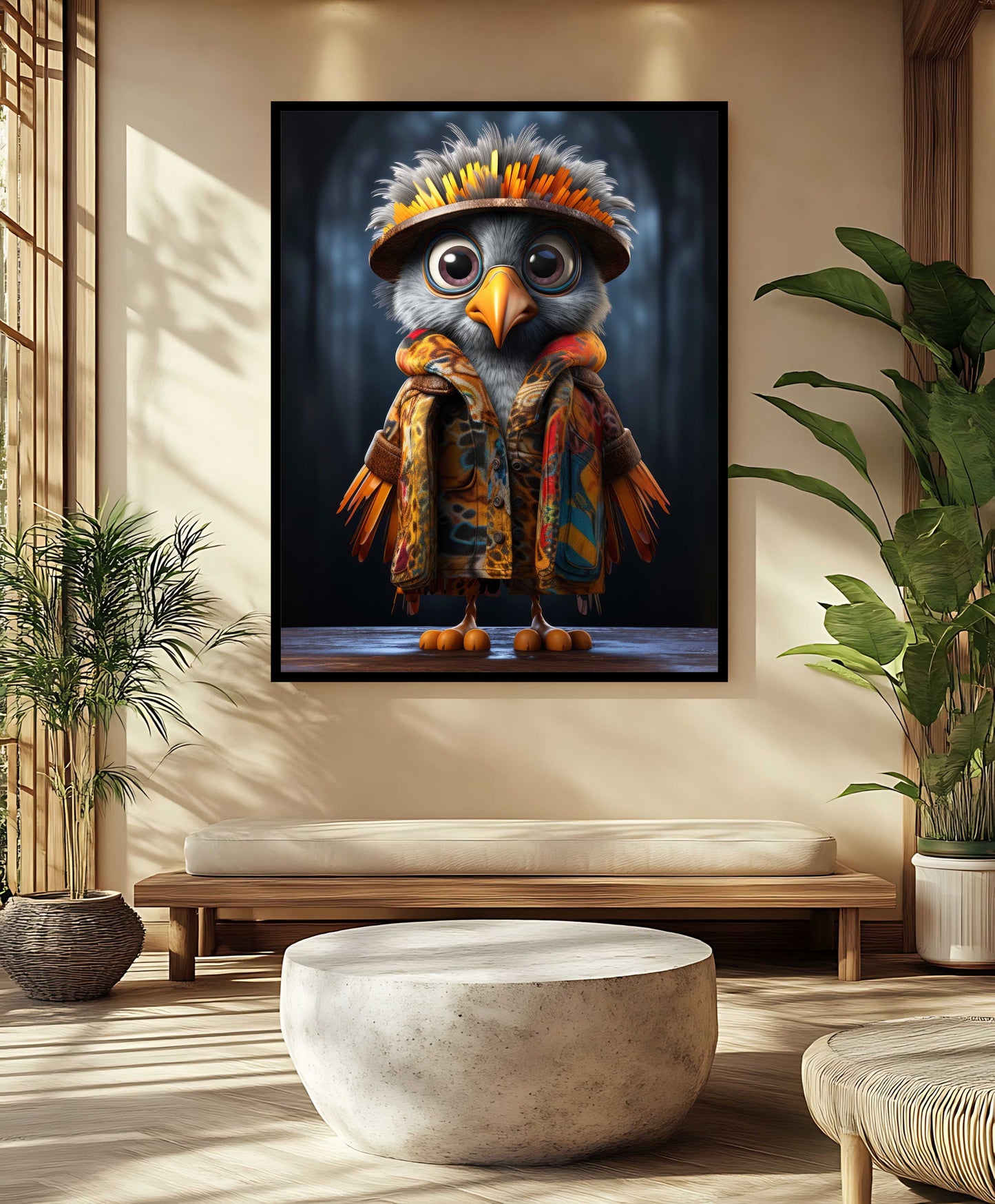 Whimsical Owl in Colorful Patterned Jacket - Canvas Painting
