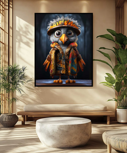 Whimsical Owl in Colorful Patterned Jacket - Canvas Painting