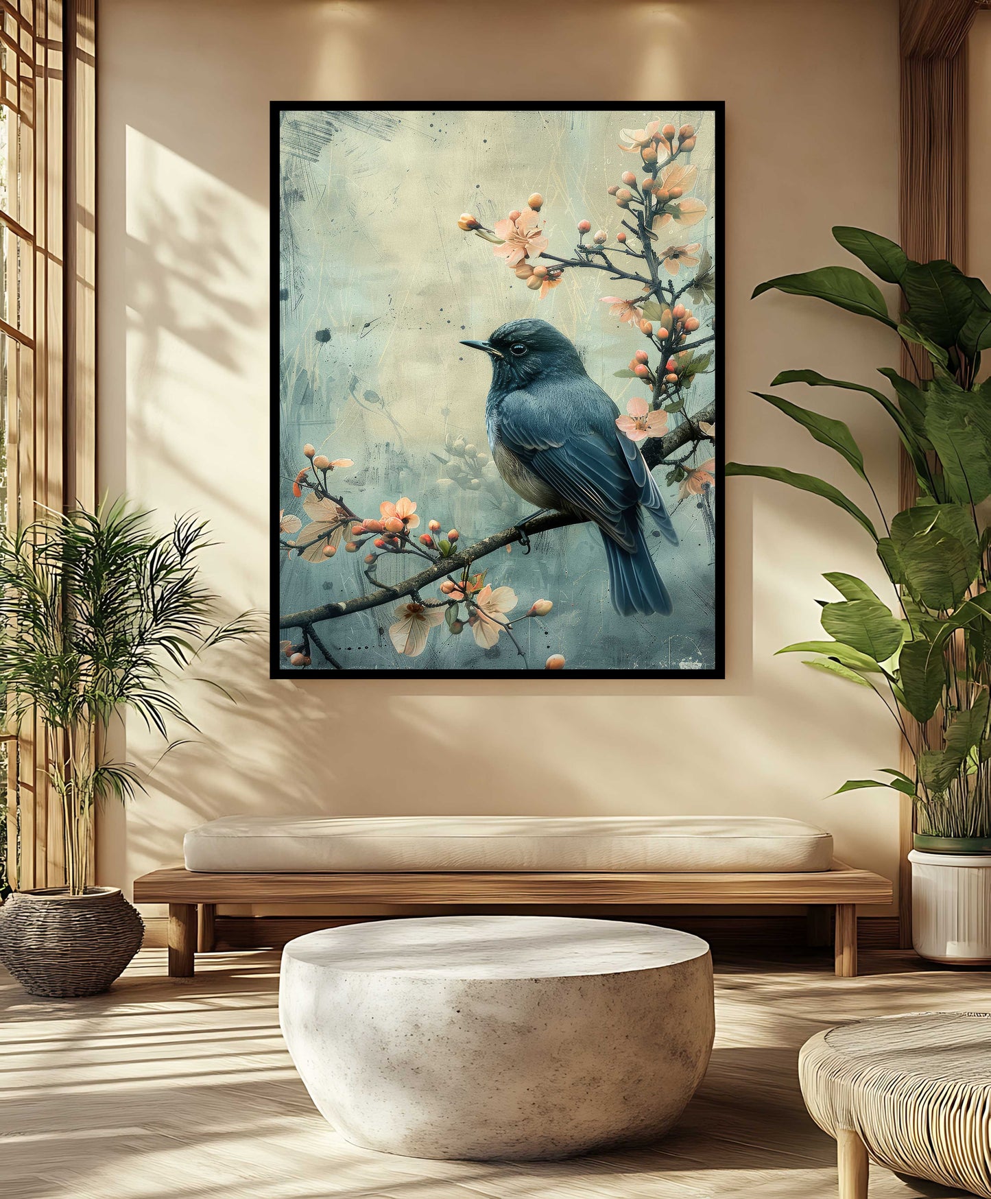 Vintage Blue Bird on Blossom Branch Canvas Painting