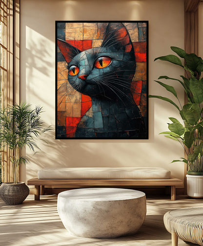 Abstract Cubist Cat Canvas Painting - Modern Geometric Wall Art
