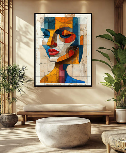 Architectural Abstract Face Canvas Painting - Geometric Cubist Portrait Wall Art