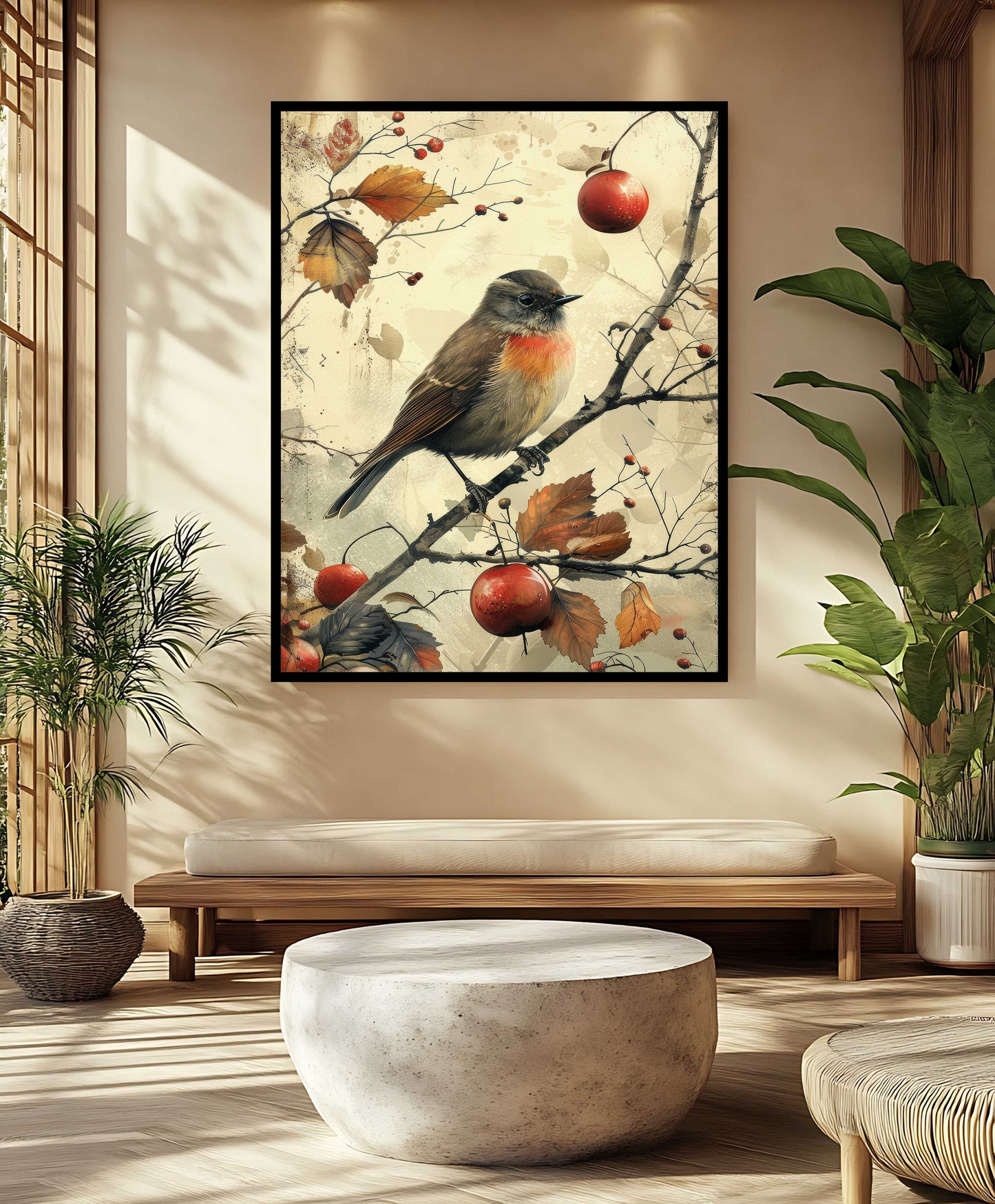 Vintage Autumn Robin & Berries - Rustic Canvas Wall Art