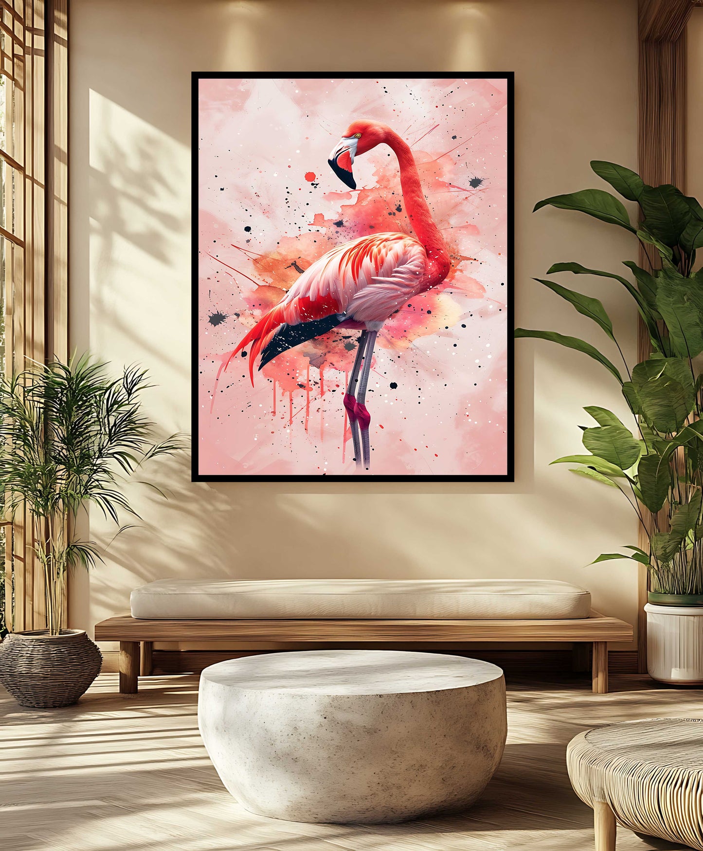 Vibrant Flamingo Splash – Abstract Watercolor Canvas Wall Art
