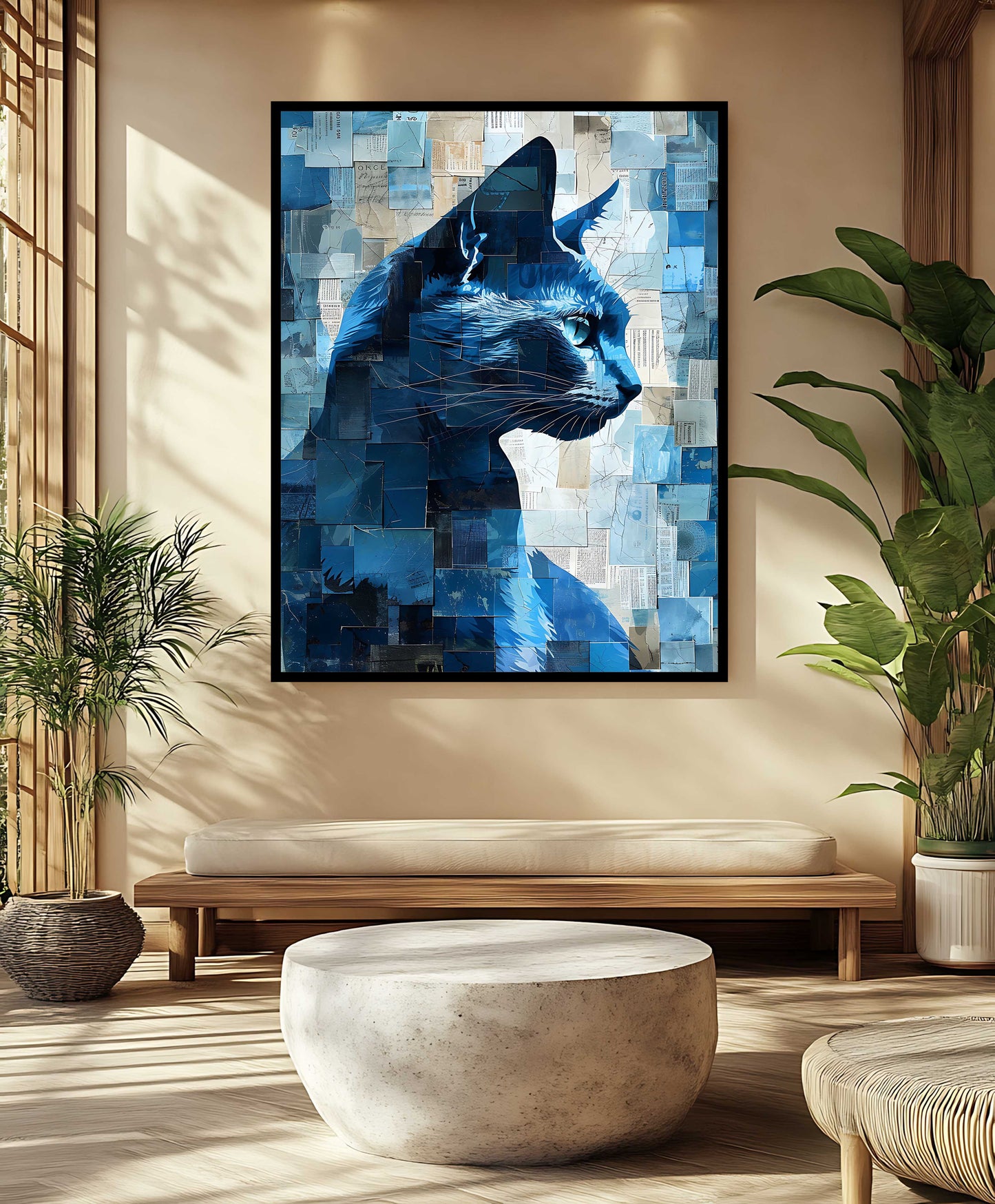 Abstract Blue Cat Collage – Mixed Media Style Canvas Art