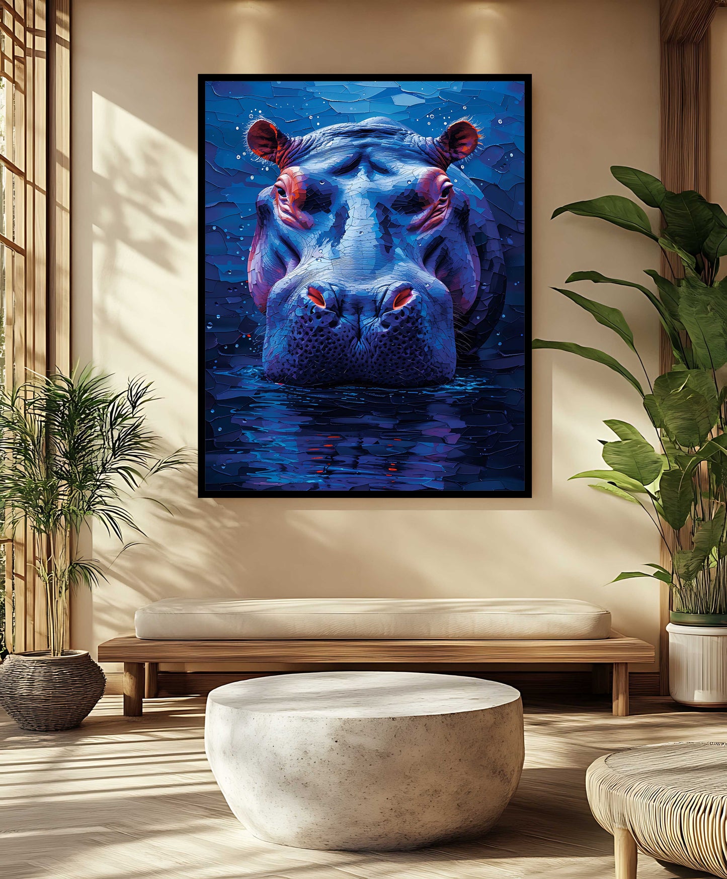 "Midnight Hippo: Textured Mosaic Canvas Painting"