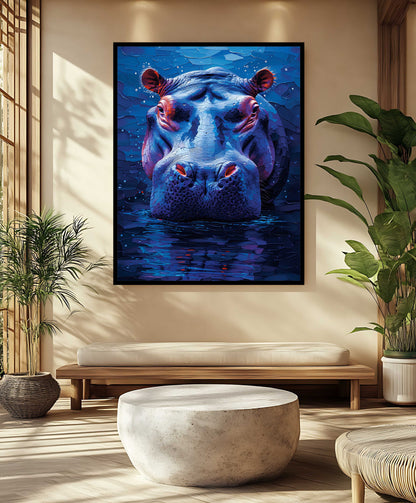 "Midnight Hippo: Textured Mosaic Canvas Painting"