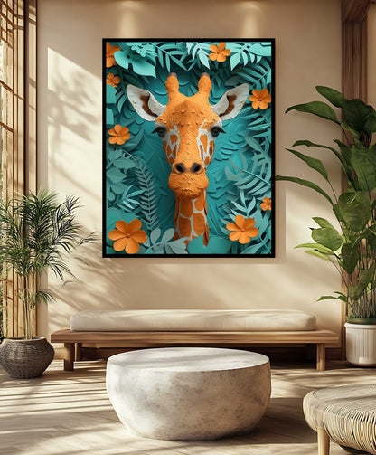 Whimsical Paper-Cut Style Giraffe Canvas Wall Art - Orange & Teal Jungle Decor