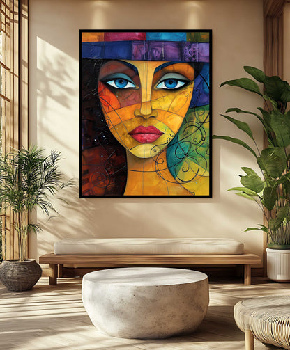 Vibrant Cubist Portrait: Abstract Woman's Face Canvas Painting