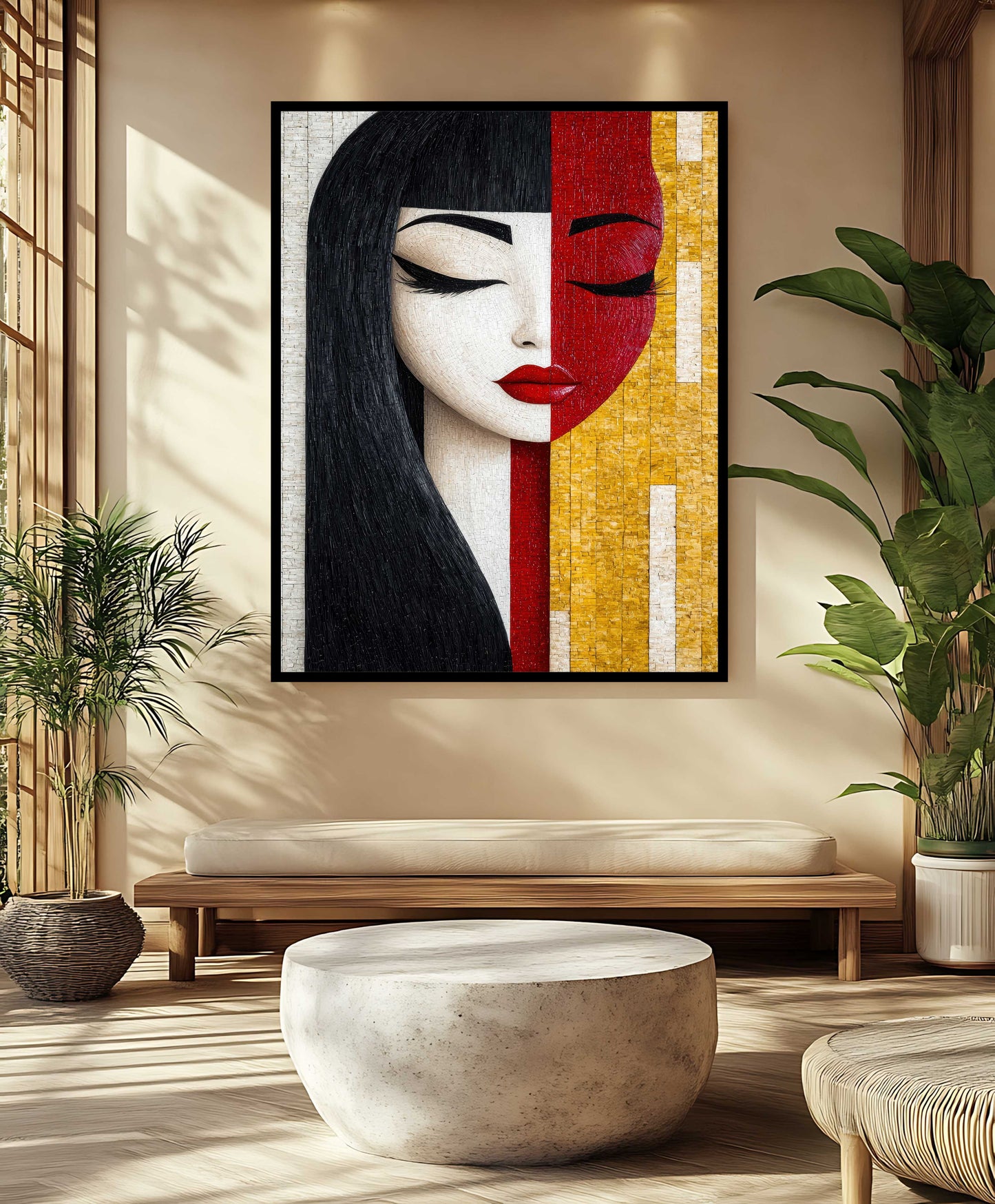 Abstract Split-Face Mosaic Woman Portrait – Black, Red, & Gold Canvas Wall Art