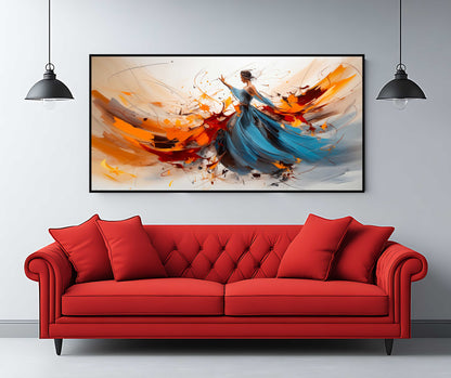 Abstract Woman in Blue Dress Canvas Art - Dynamic Motion Wall Decor - Vibrant Orange and Blue Expressive Painting for Modern Home