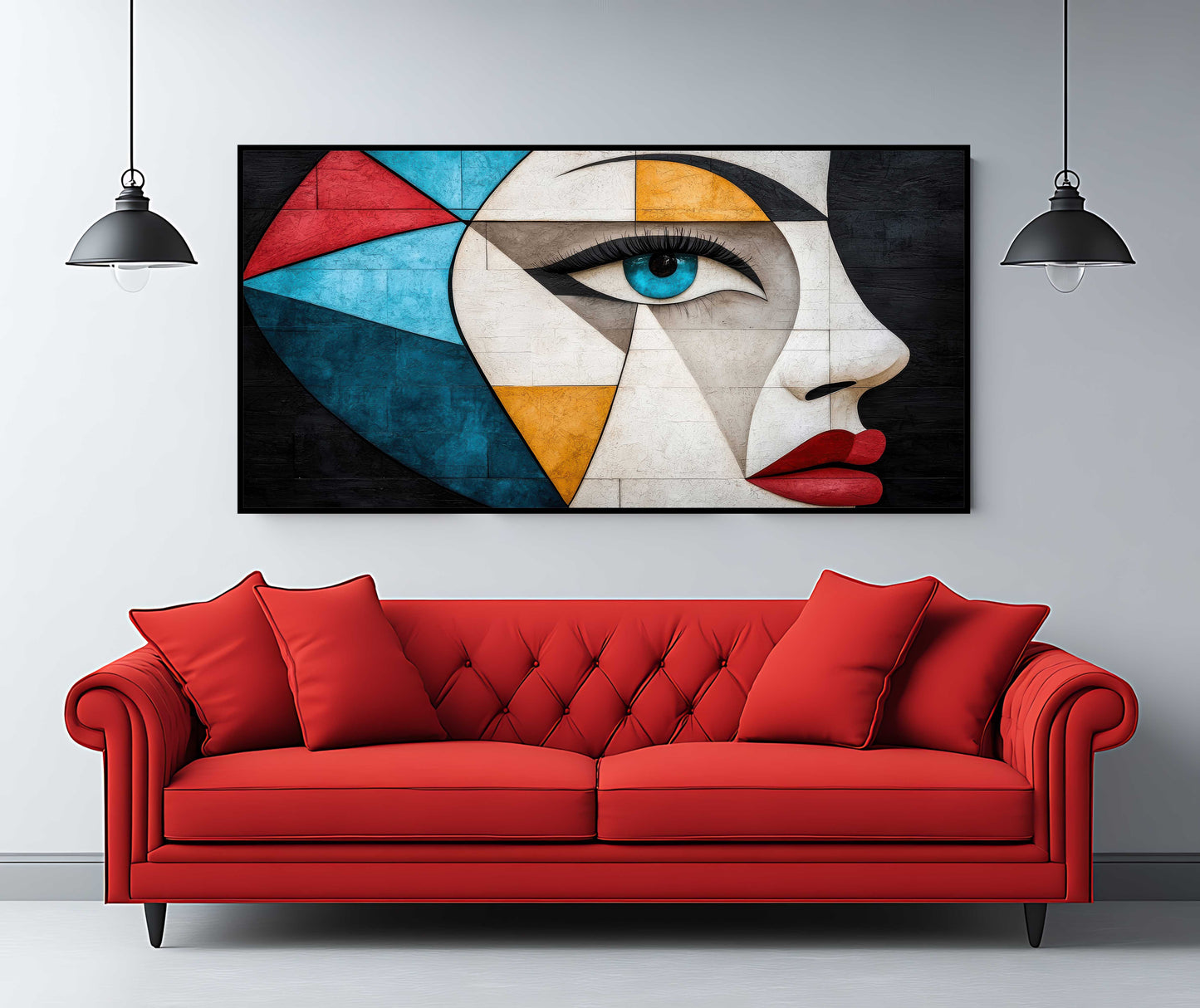Modern Cubist Profile Canvas Art - Geometric Face Wall Decor - Abstract Blue Eye & Red Lips Print