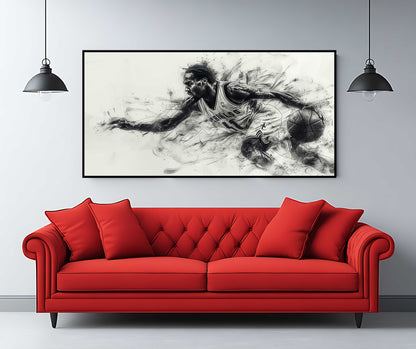 Dynamic Basketball Player Action Art - Charcoal Sketch Style Canvas Print - Modern Sports Wall Decor for Man Cave, Office, or Gym