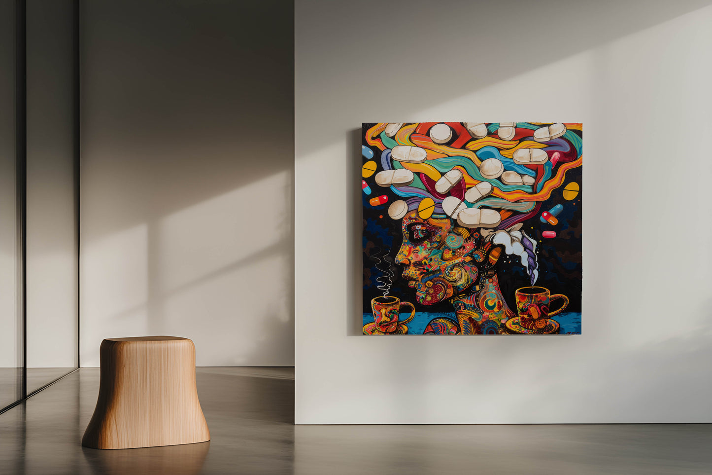"Cosmic Caffeine and Clarity" - Psychedelic Canvas Painting of Coffee and Pills