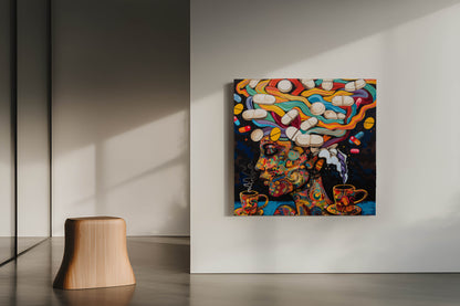 "Cosmic Caffeine and Clarity" - Psychedelic Canvas Painting of Coffee and Pills