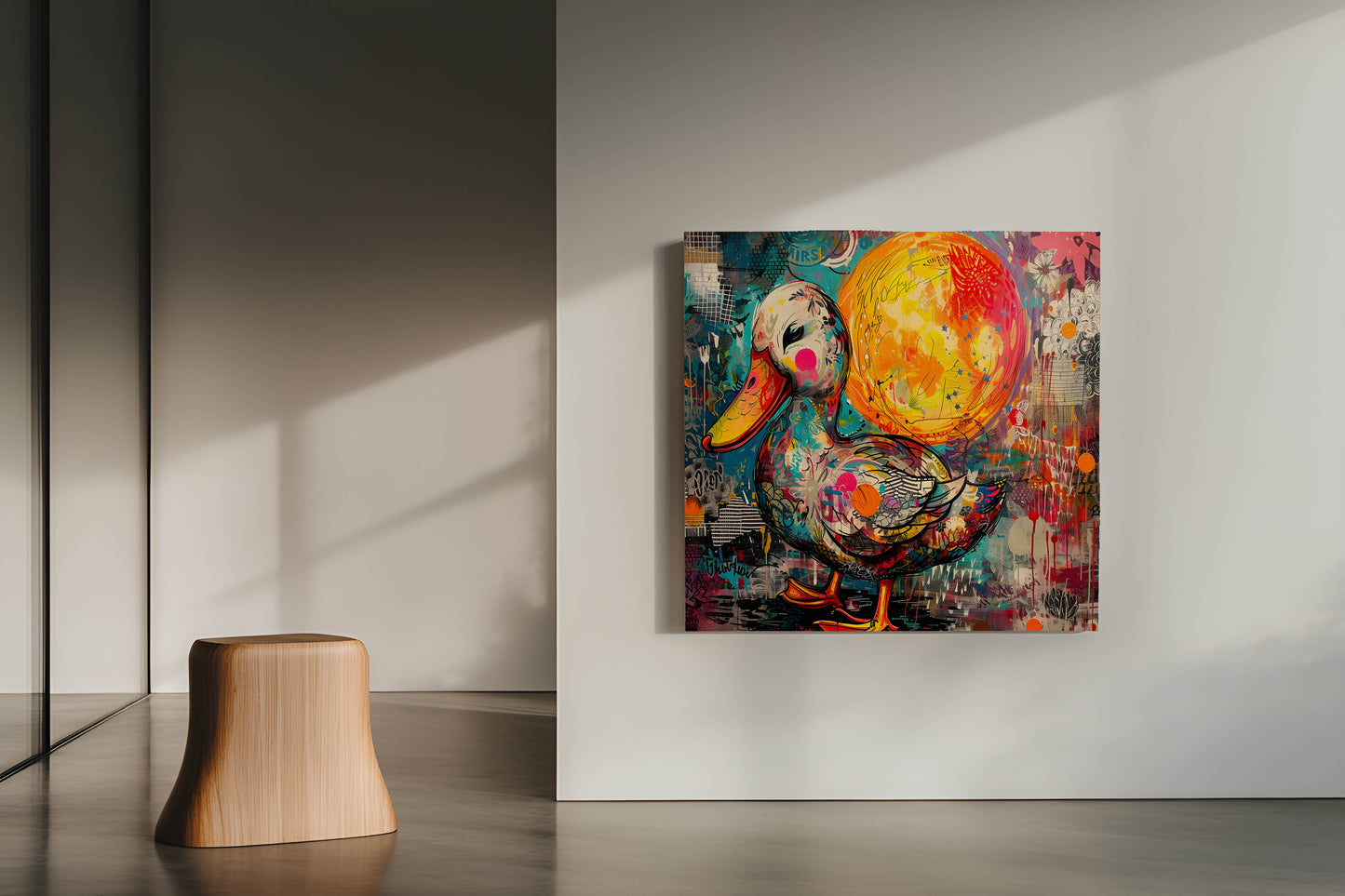 Vibrant Street Art Duck & Moon Mixed Media Canvas Painting