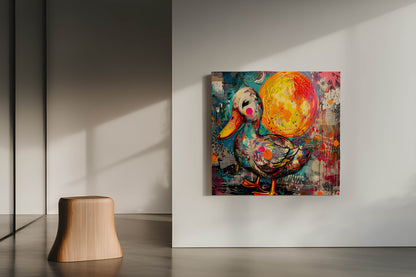Vibrant Street Art Duck & Moon Mixed Media Canvas Painting