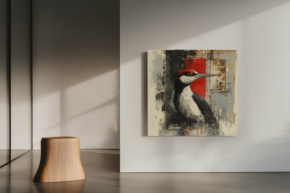 Crimson Crest | Modern Abstract Woodpecker Mixed Media Canvas Art