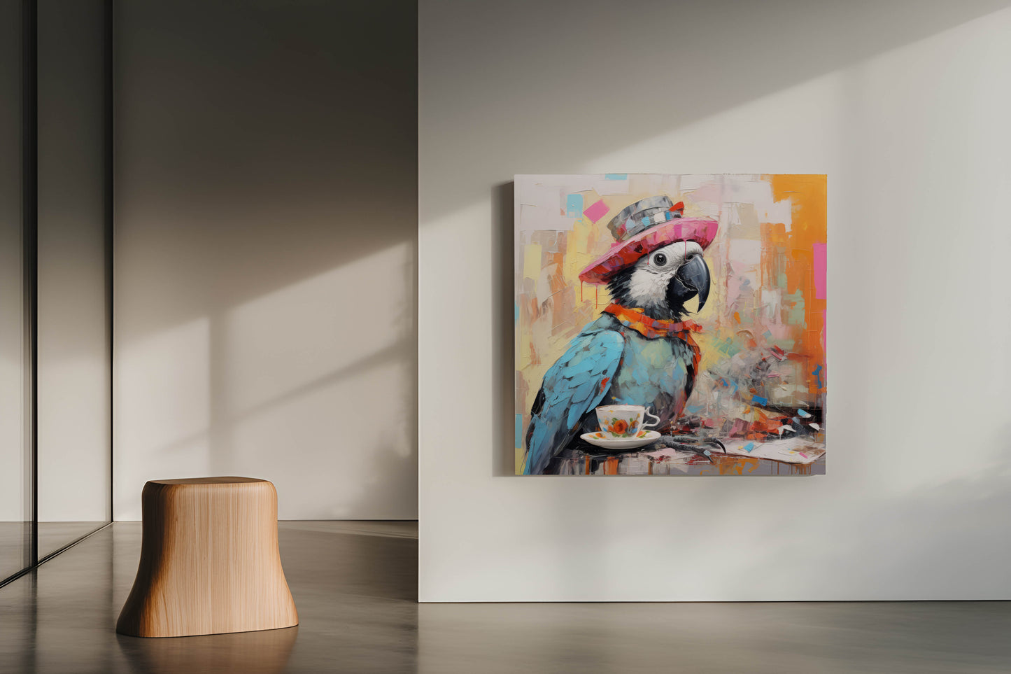 "The Tea Party Traveler" | Whimsical Surrealist Parrot Canvas Art