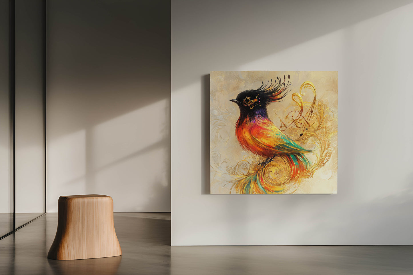 Golden Symphony: Vibrant Canvas Art of a Whimsical Firebird