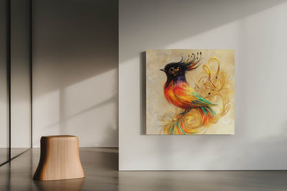 Golden Symphony: Vibrant Canvas Art of a Whimsical Firebird