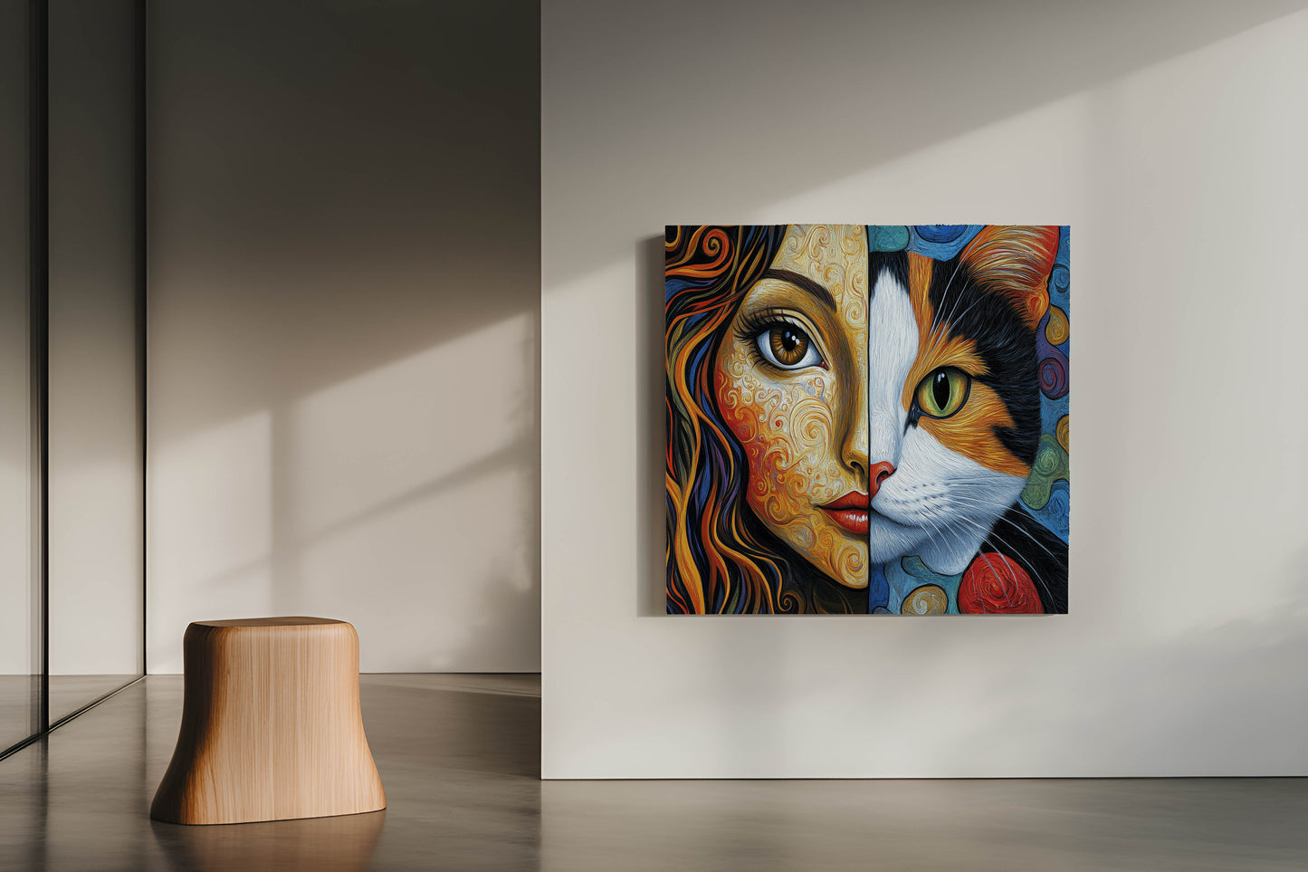 Soul Bond | Vibrant Impasto Woman and Cat Split Portrait Canvas Art