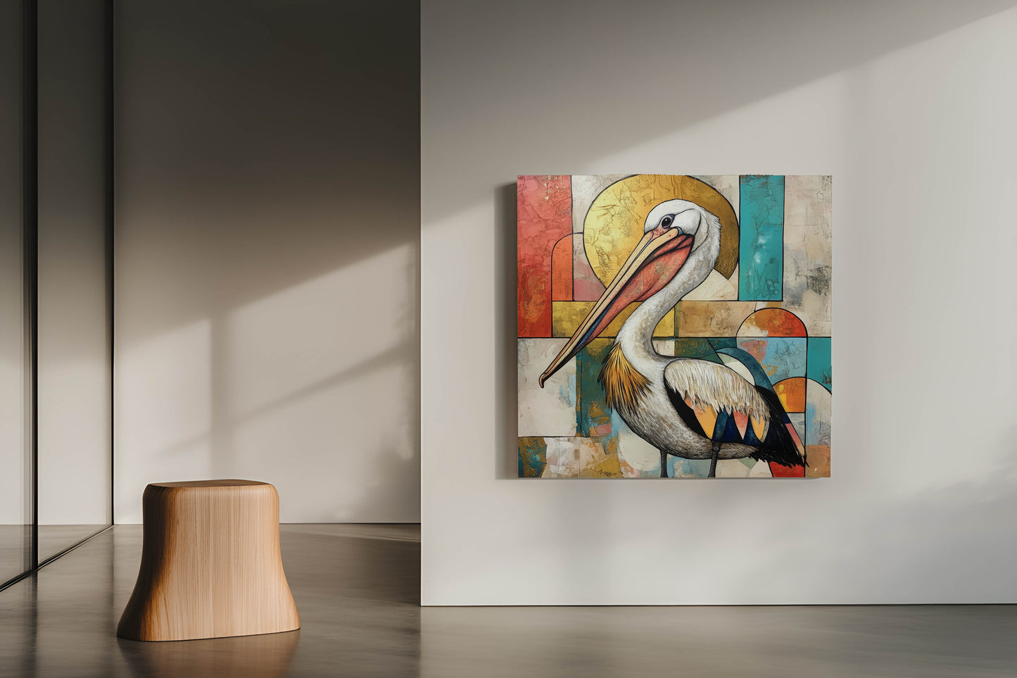 Aurelian Grace: Abstract Pelican Mixed-Media Canvas Art