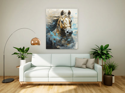 Dynamic Elegance: Golden and Blue Abstract Horse Canvas Painting