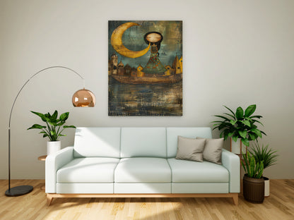 Whimsical Moon Maiden & Floating Town - Folk Art Canvas Painting