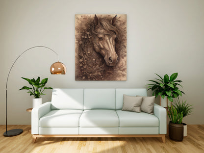 "Forest Spirit" – Rustic Sepia Horse with Botanical Mane Canvas Wall Art