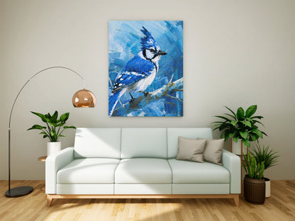 Impasto Blue Jay on a Winter Branch - Textured Canvas Painting
