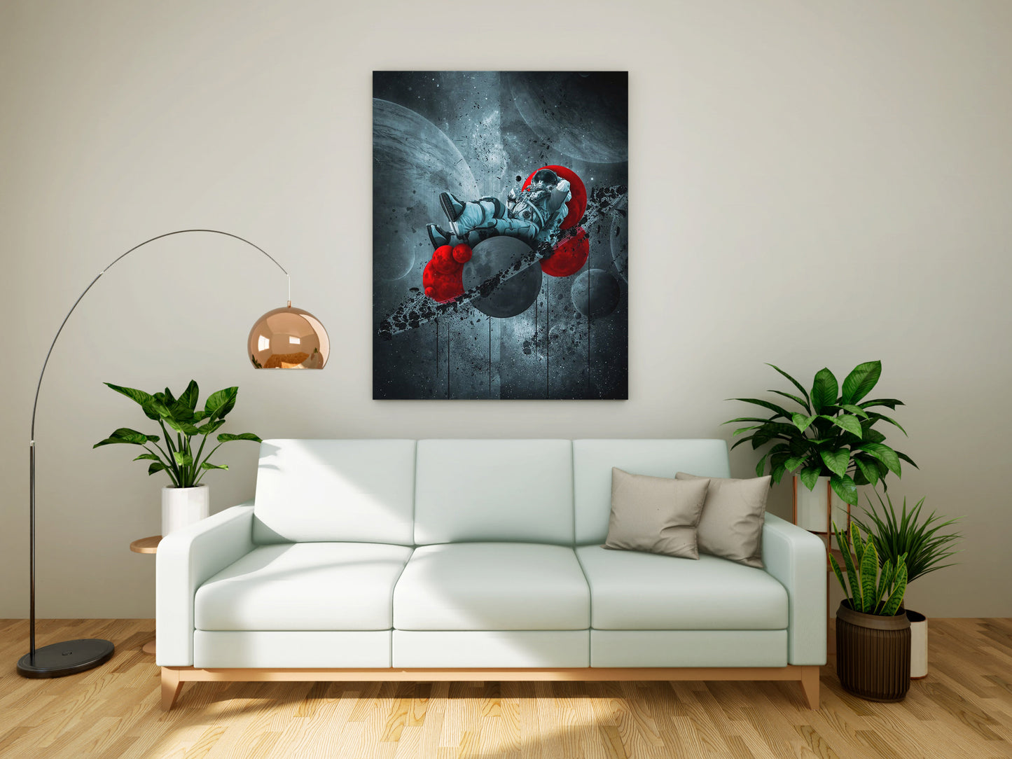 Surreal Astronaut in Red Sphere Space Canvas Painting