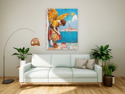 "The Contemplative Angel" - Heavily Textured Golden Wings Canvas Painting