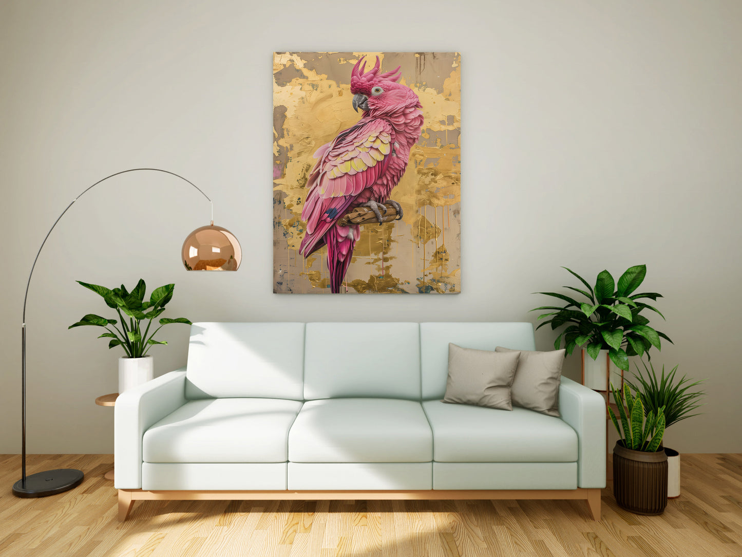 "The Gilded Galah" – Textured Pink Cockatoo & Abstract Gold Leaf Canvas Painting