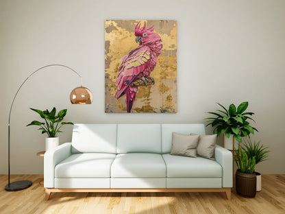 "The Gilded Galah" – Textured Pink Cockatoo & Abstract Gold Leaf Canvas Painting