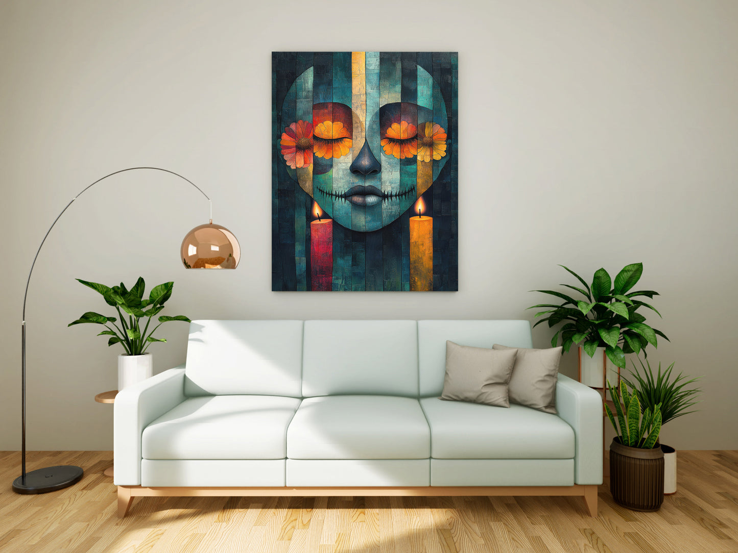 Mystic Calavera: Abstract Día de los Muertos Canvas Painting with Marigolds & Candles
