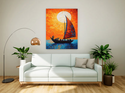 Fiery Sunset Sailboat – Textured Impasto Palette Knife Oil Painting on Canvas